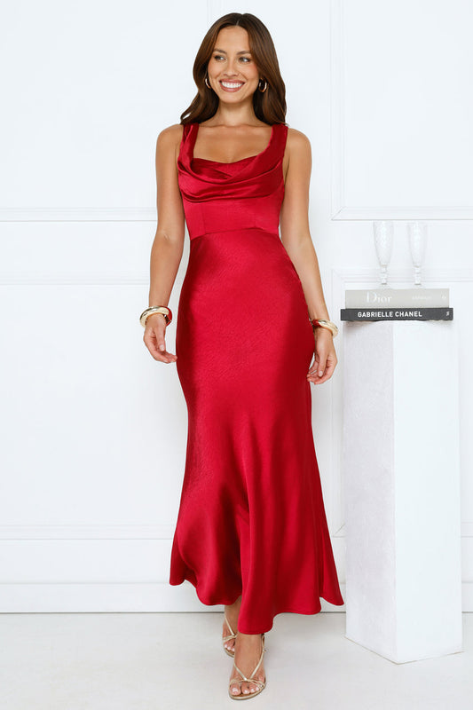Crystal Luxe Satin Maxi Dress Red
