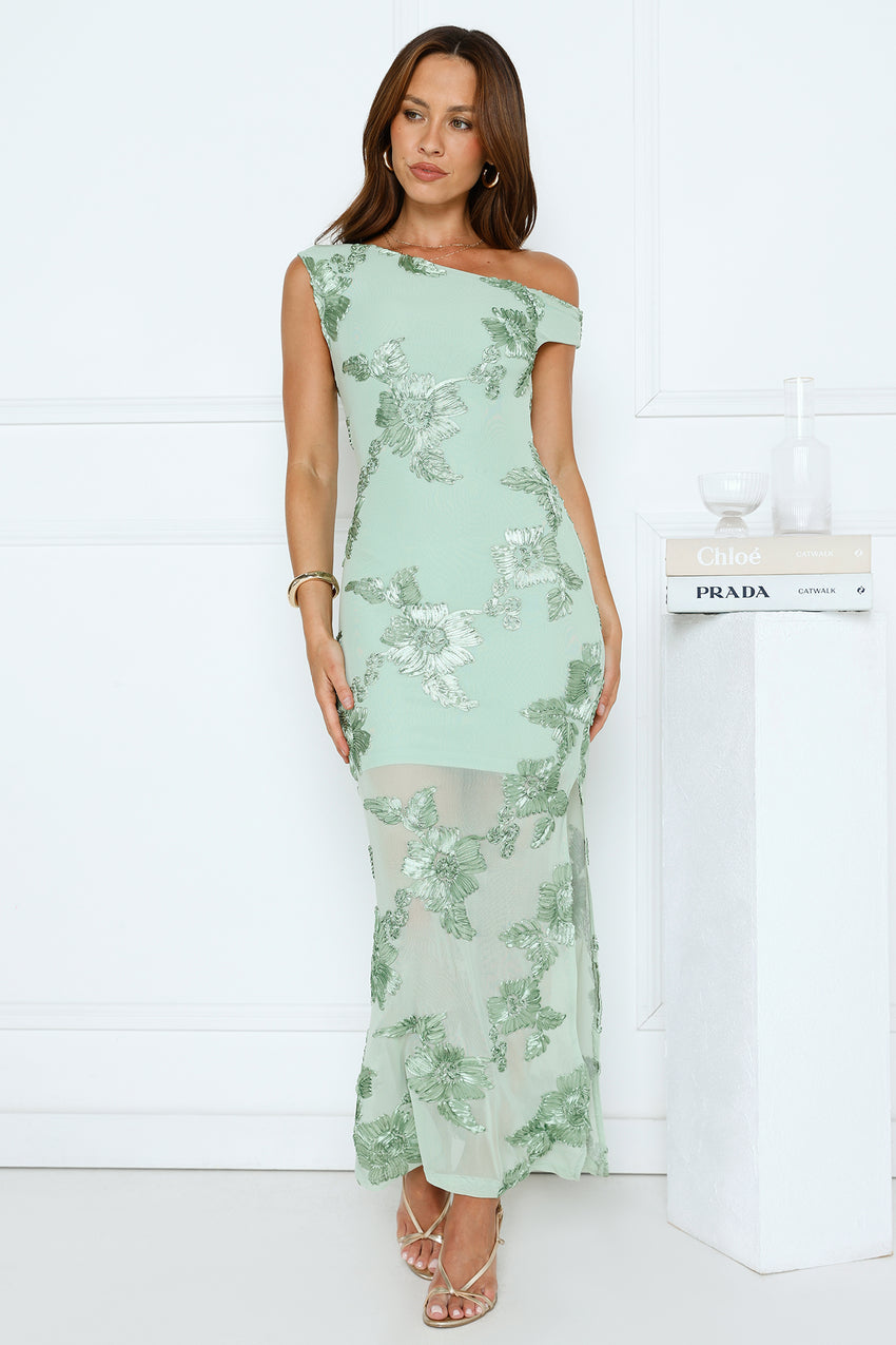 Studio Flora Mesh Off The Shoulder Maxi Dress Sage