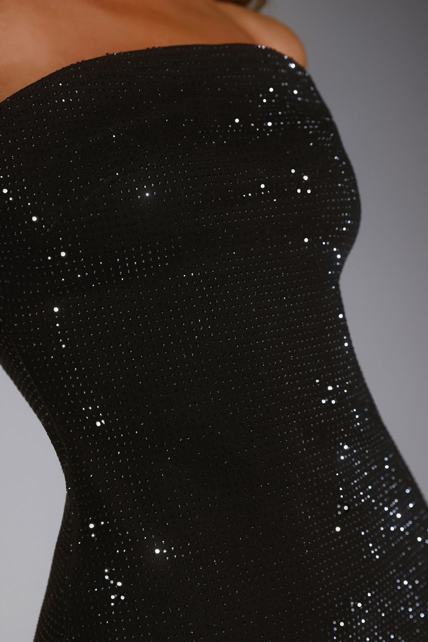 The Sparkle Edit Denim Diamante Strapless Mini Dress Black