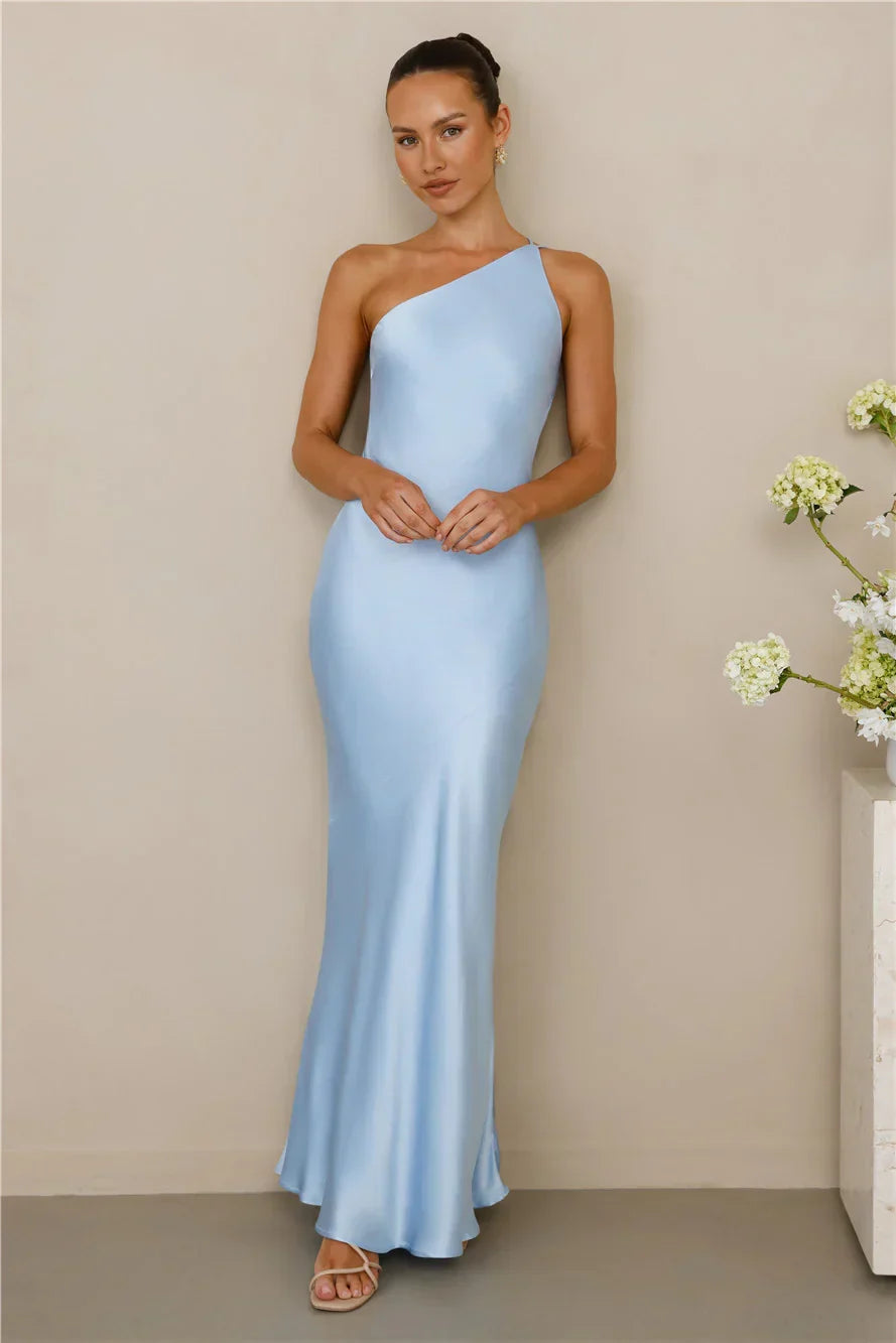 The Evangeline One Shoulder Satin Maxi Dress Blue