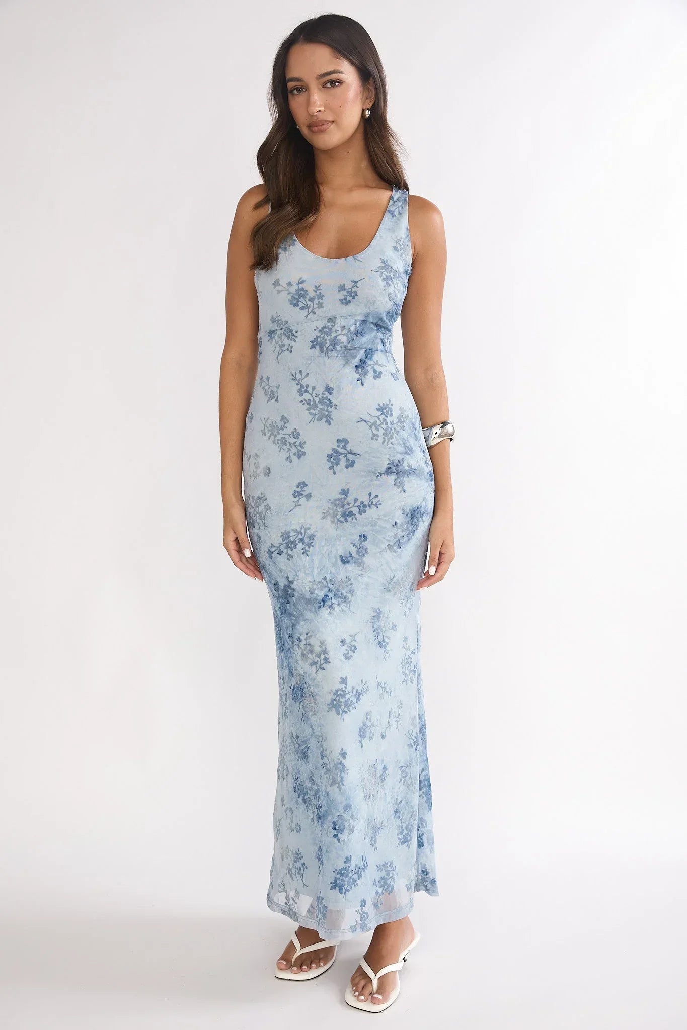 Elowra Mesh Maxi Dress Floral Blue