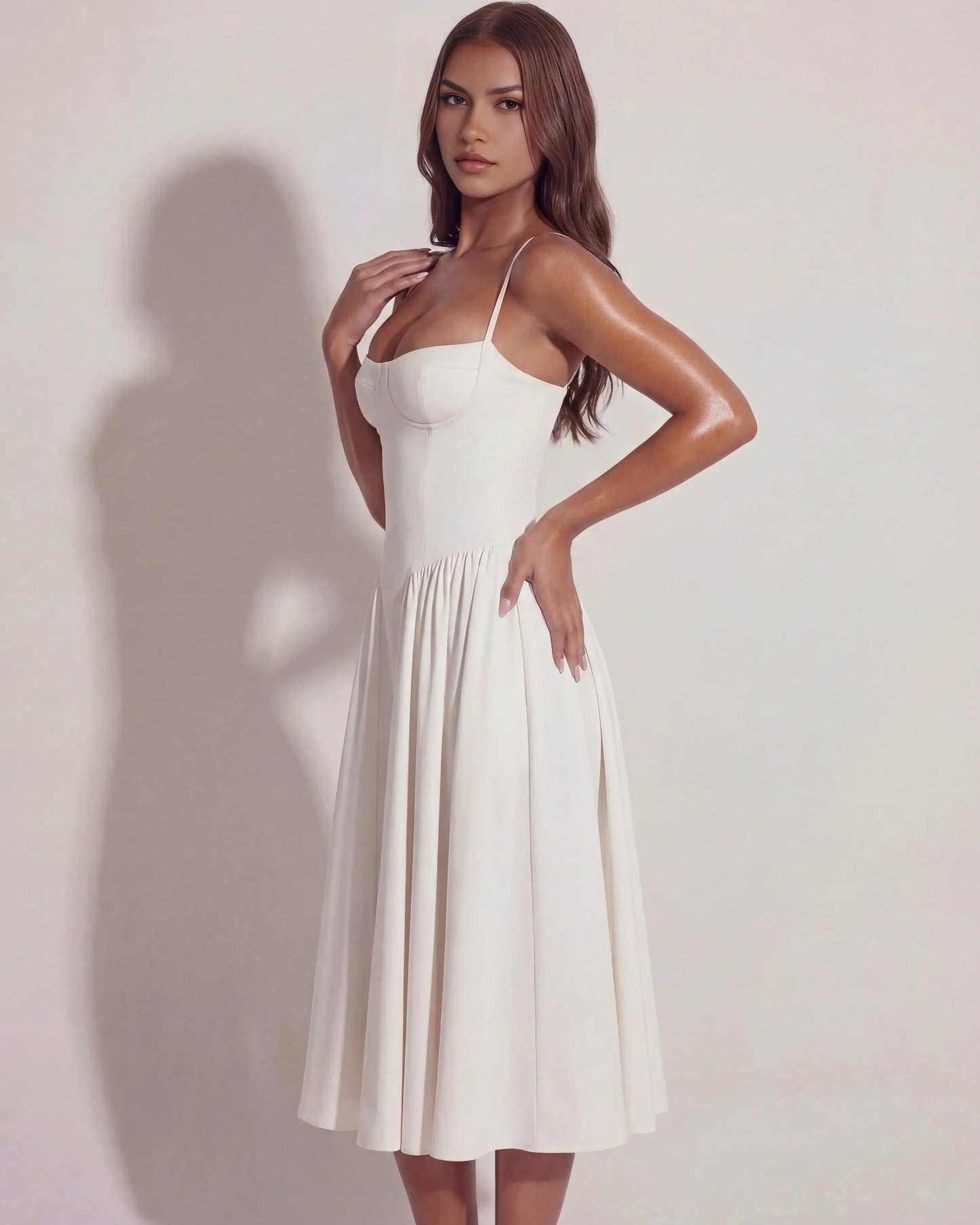 White Midi Dress With Sweetheart Neckline And Hidden Pockets