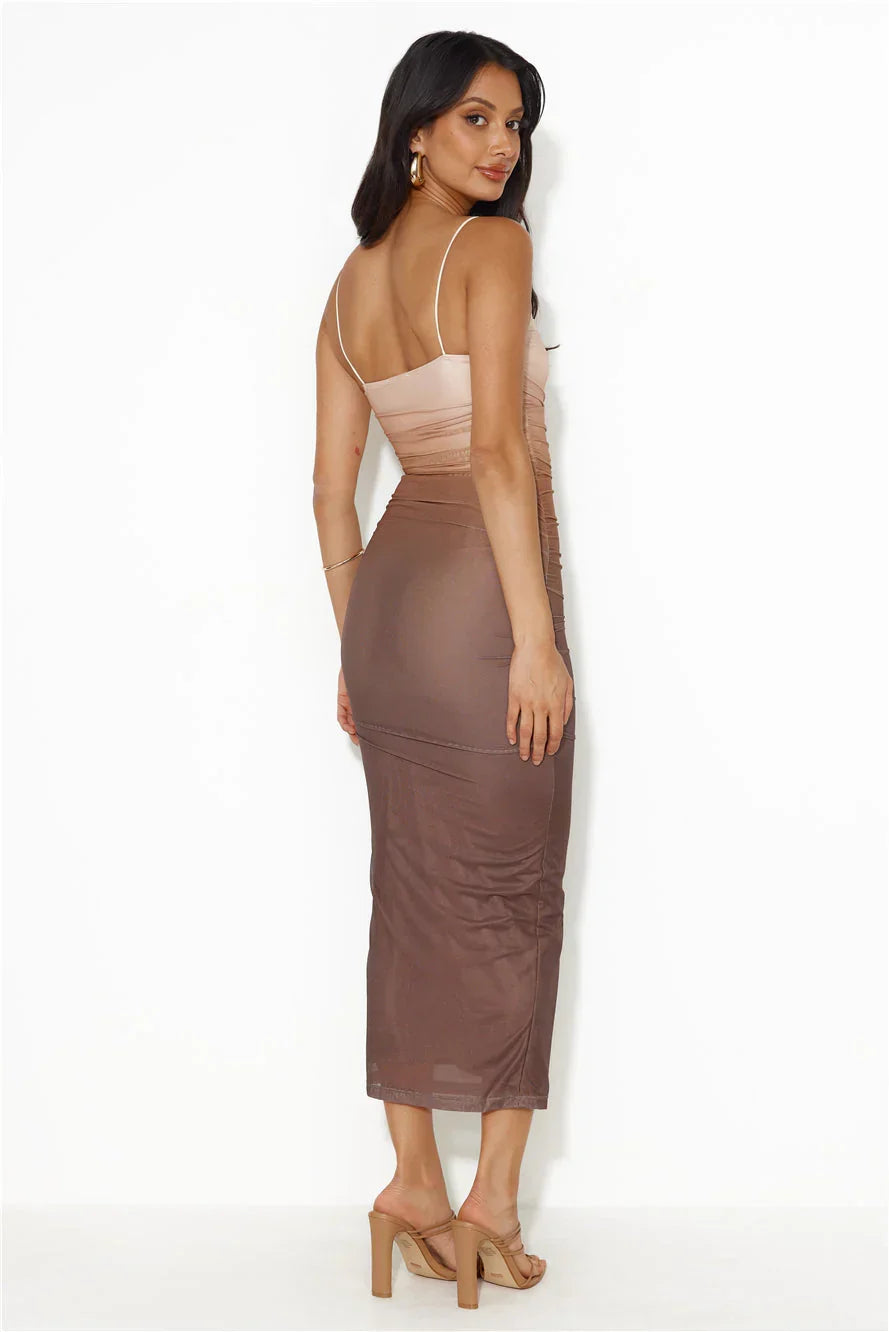 Ombra Mesh Midi Dress Brown