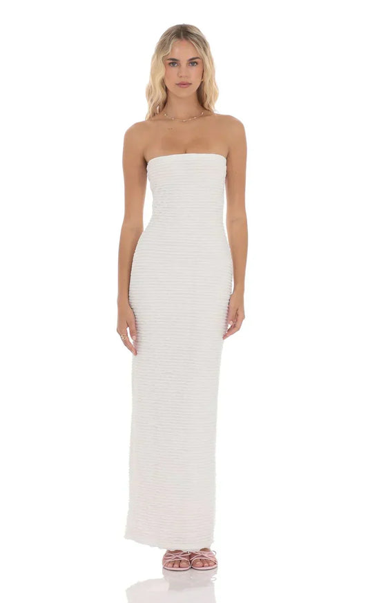 Roman Holiday Strapless Ruffle White Maxi Dress