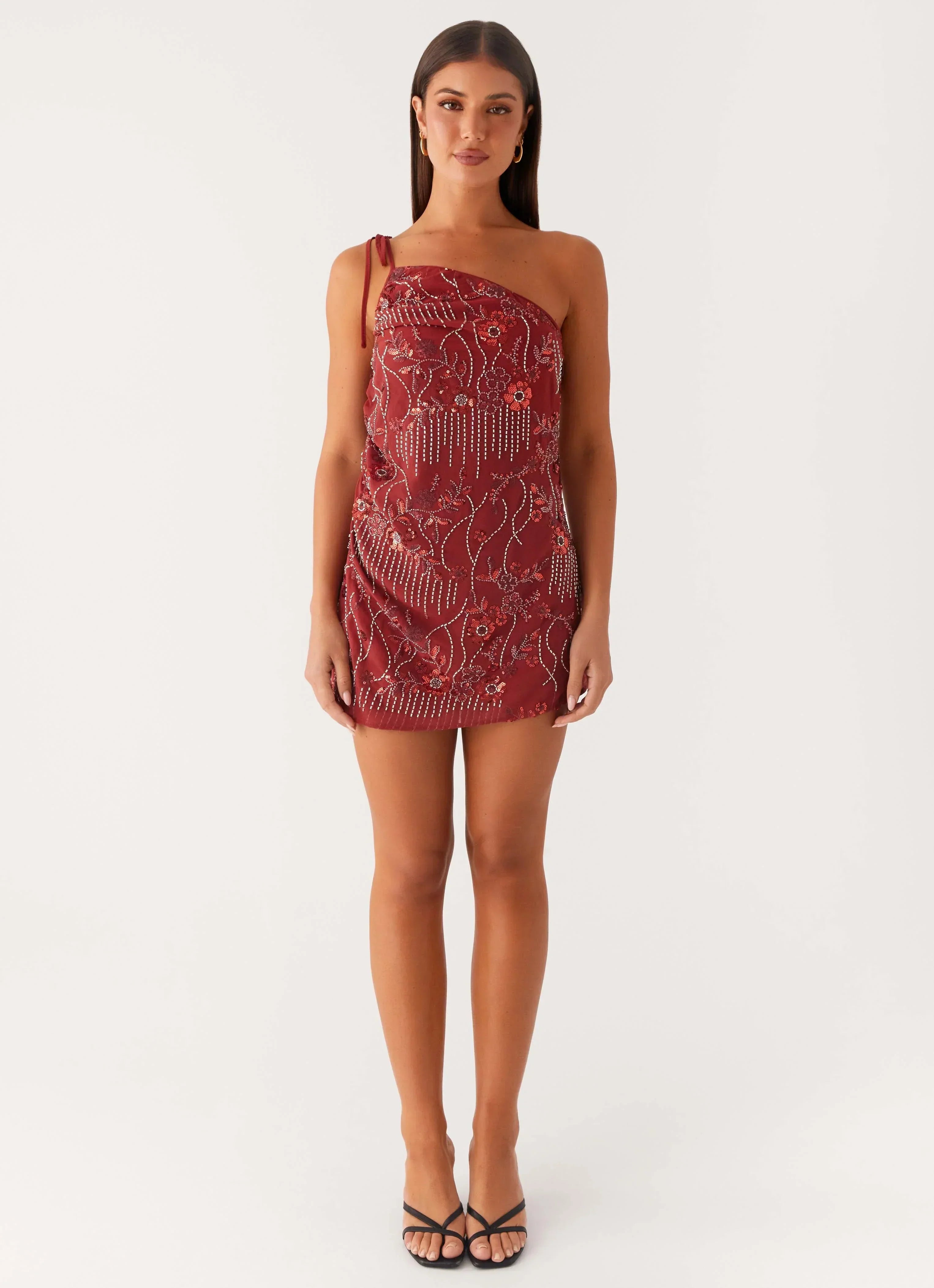Temptational Beaded One Shoulder Mini Dress - Rust