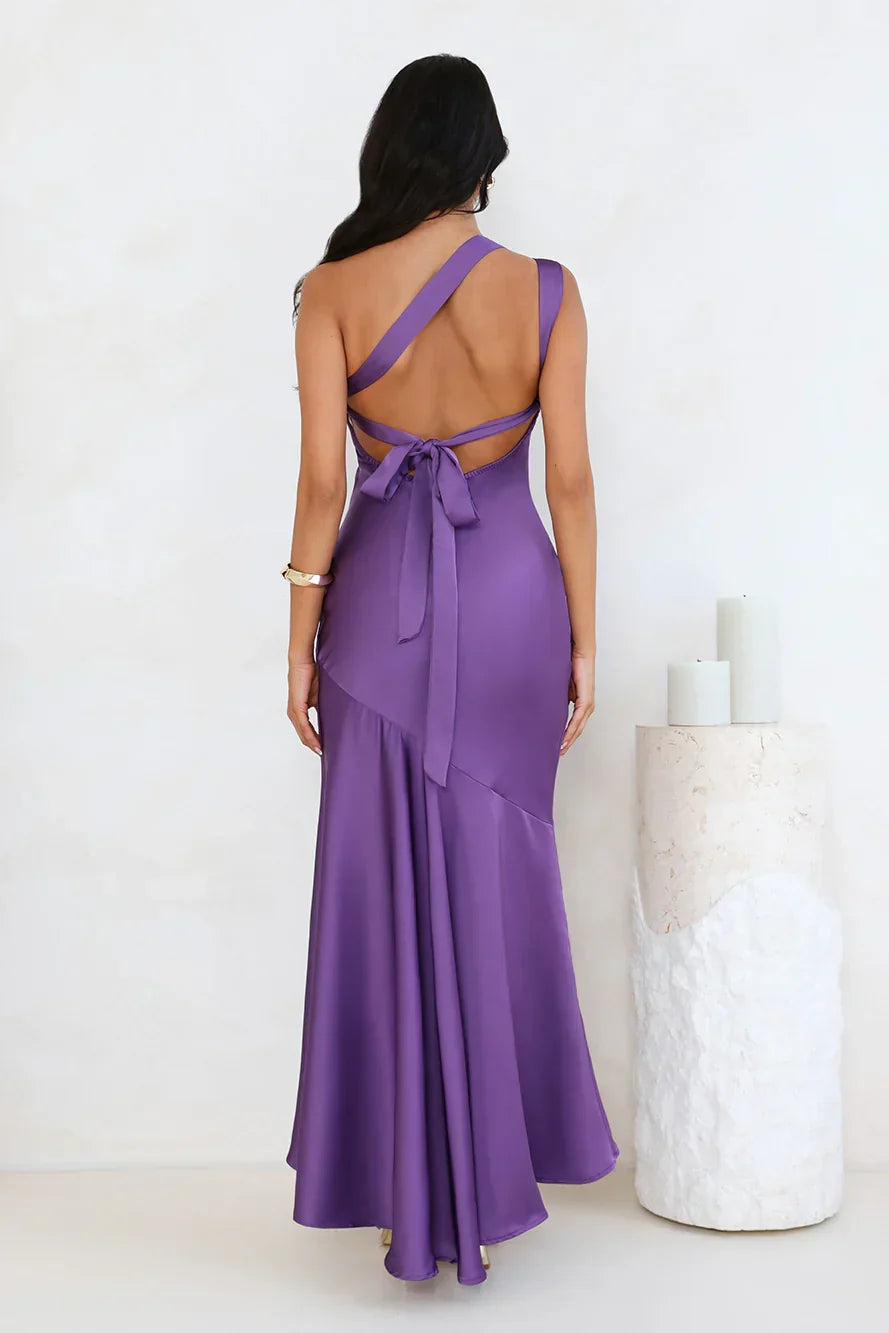 Romantic Affair Satin One Shoulder Maxi Dress Purple