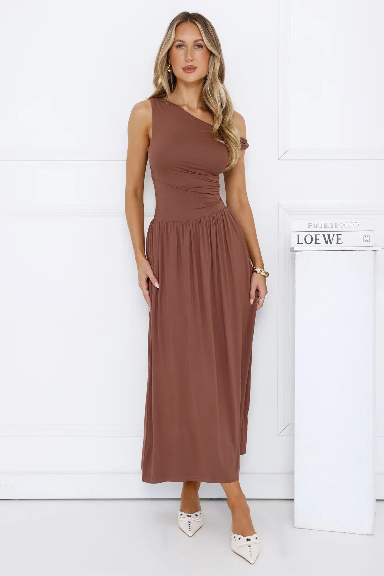 Coastal Daydream Off Shoulder Midi Dress Brown