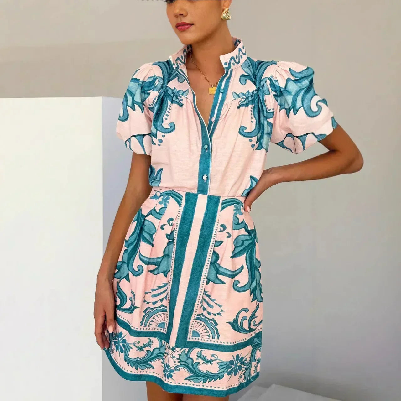 Duttini | Linen Floral Cocktail Dress Set (Top & Skirt)