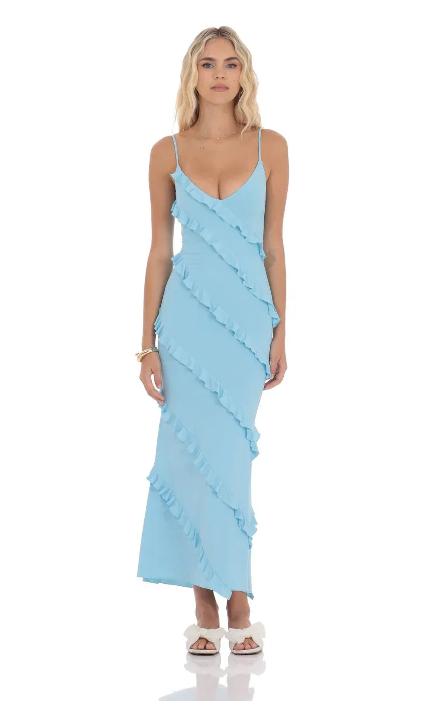 Ruffle V-Neck Maxi Dress in Navy