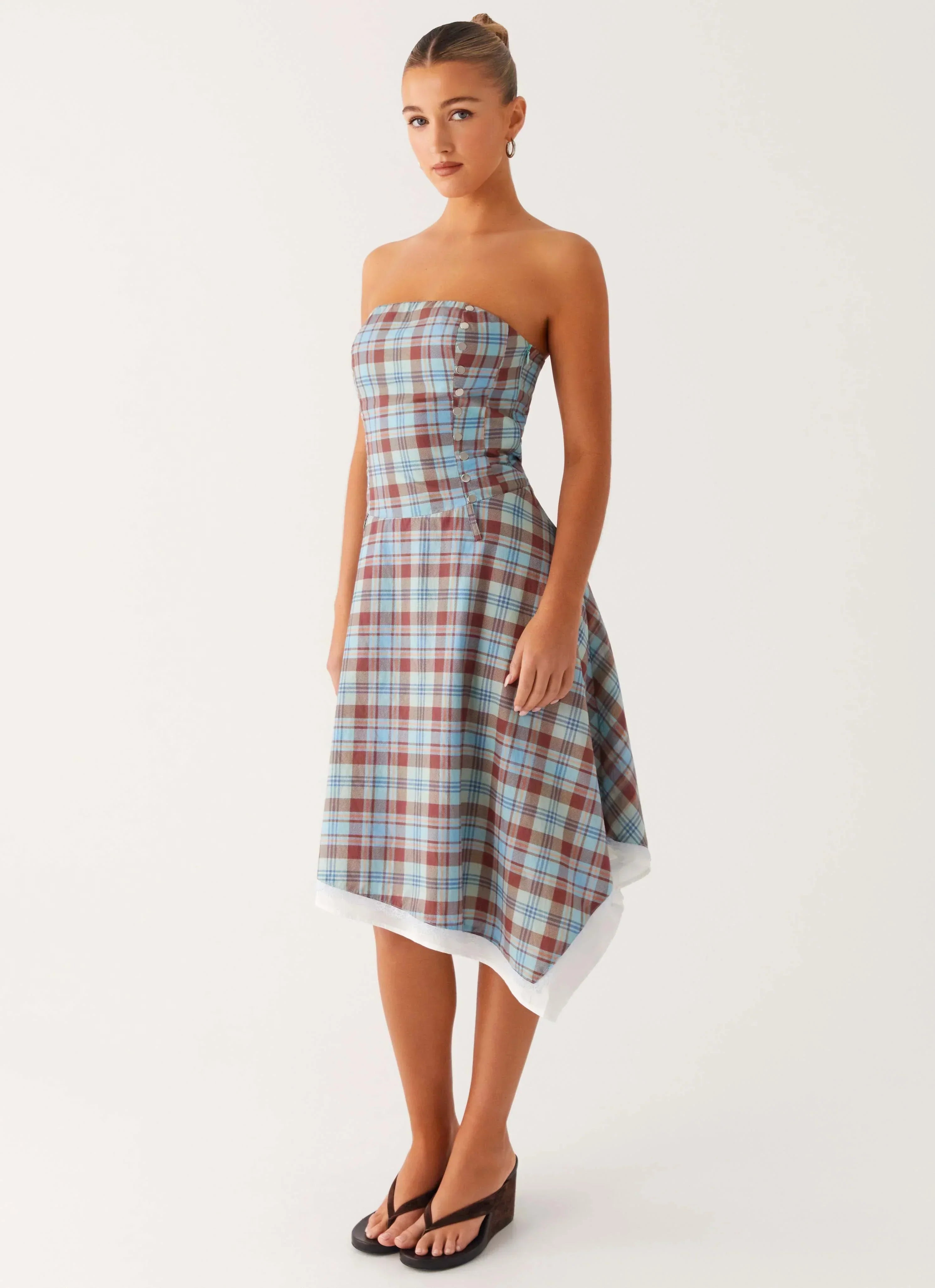 Tonie Strapless Midi Dress - Shoreline Check