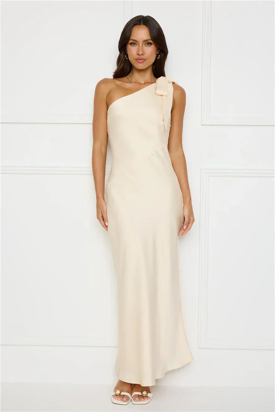 Night Of Distinction One Shoulder Satin Maxi Dress Champagne