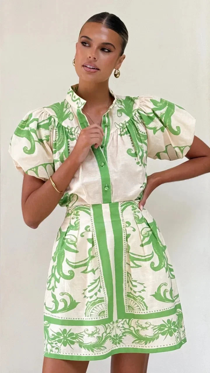 Duttini | Linen Floral Cocktail Dress Set (Top & Skirt)
