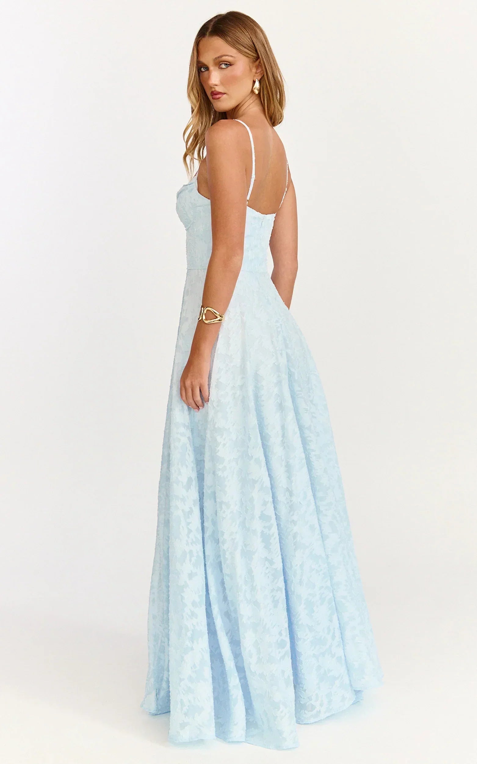 Rachel Maxi Dress - Sweetheart Neckline Jacquard Front Split Dress In Ice Blue