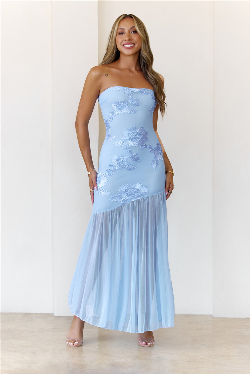 Rosé Mood Strapless Mesh Maxi Dress Blue