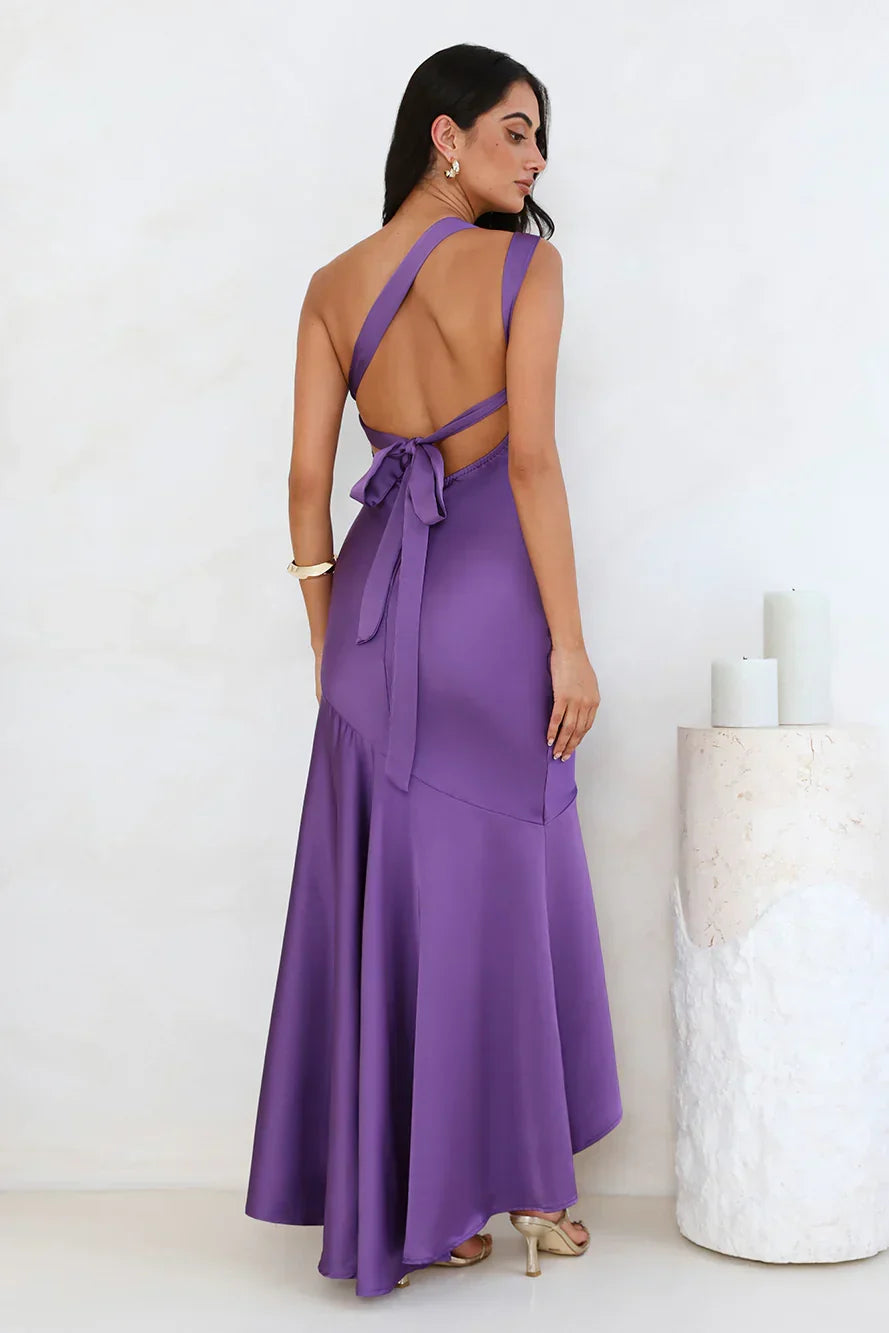 Romantic Affair Satin One Shoulder Maxi Dress Purple