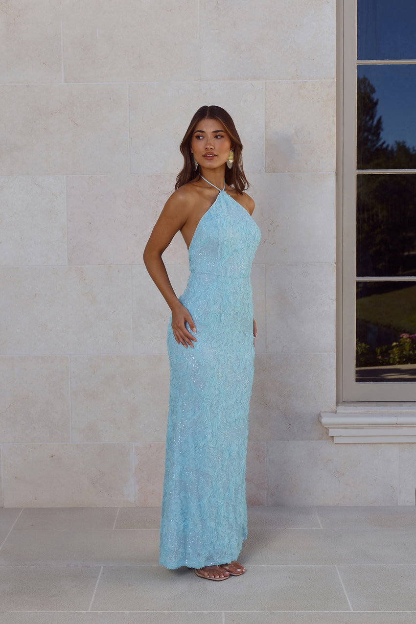 The Sparkling Muse Sequin Halter Maxi Dress Blue