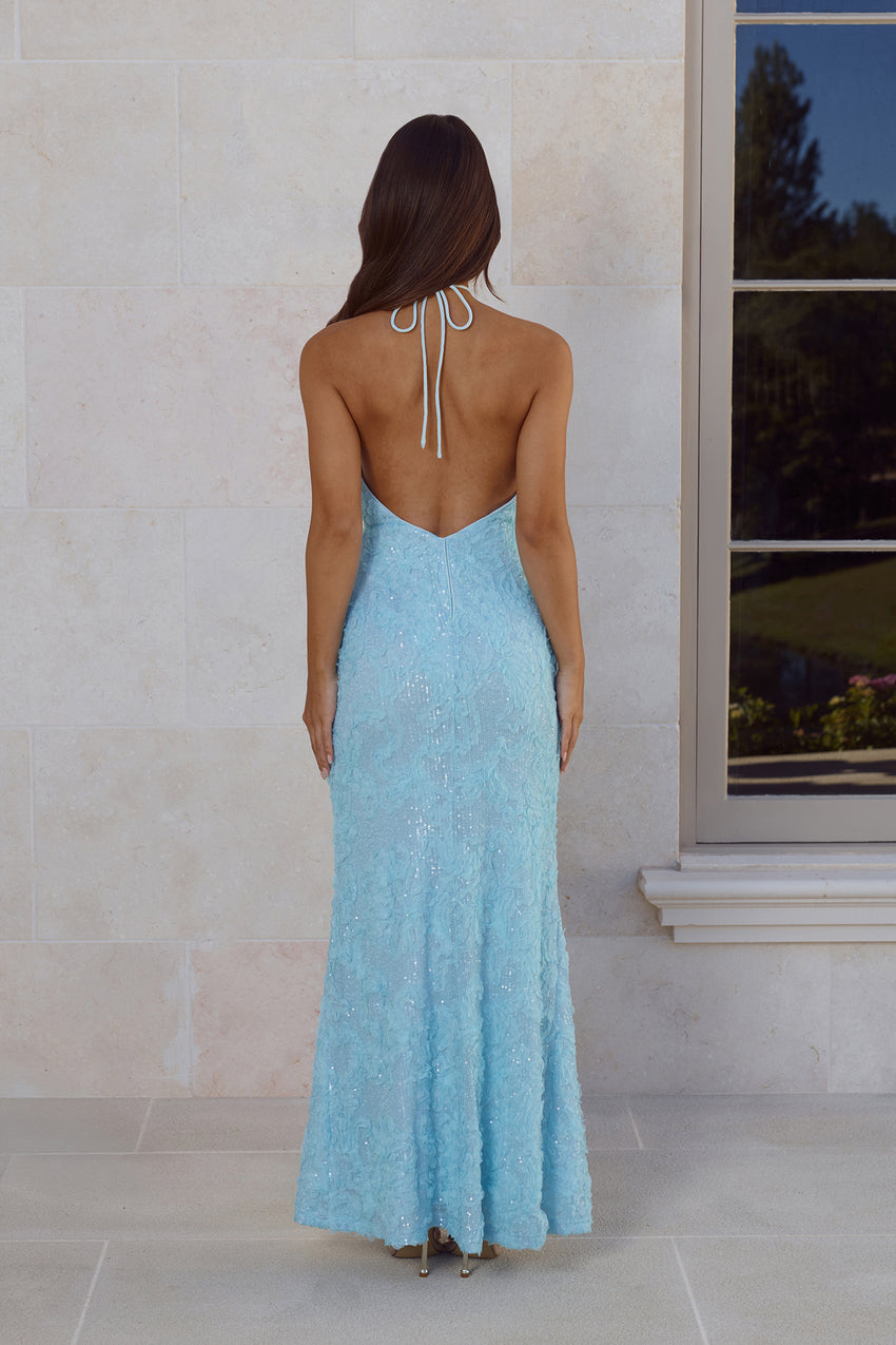 The Sparkling Muse Sequin Halter Maxi Dress Blue