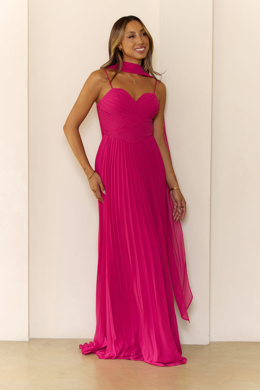 Sweetheart Pleated Scarf Maxi Dress Hot Pink