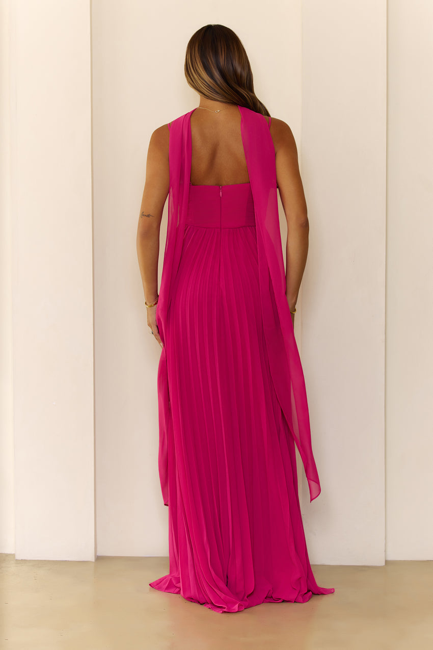 Sweetheart Pleated Scarf Maxi Dress Hot Pink
