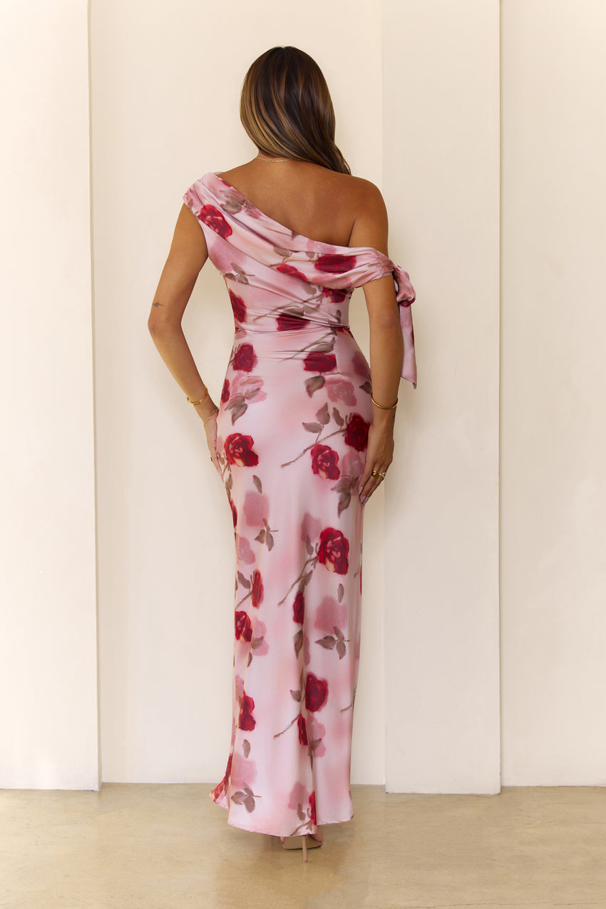 Romantic Rose Satin One Shoulder Maxi Dress Pink