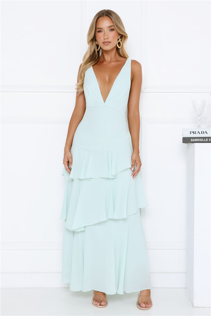 Goddess Glamour Tiered V-Neck Maxi Dress Mint