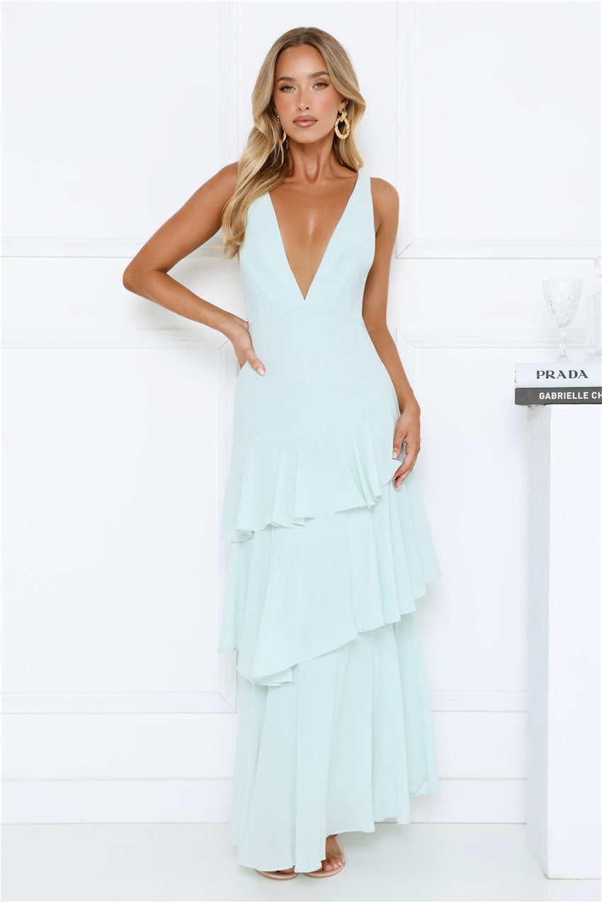 Goddess Glamour Tiered V-Neck Maxi Dress Mint