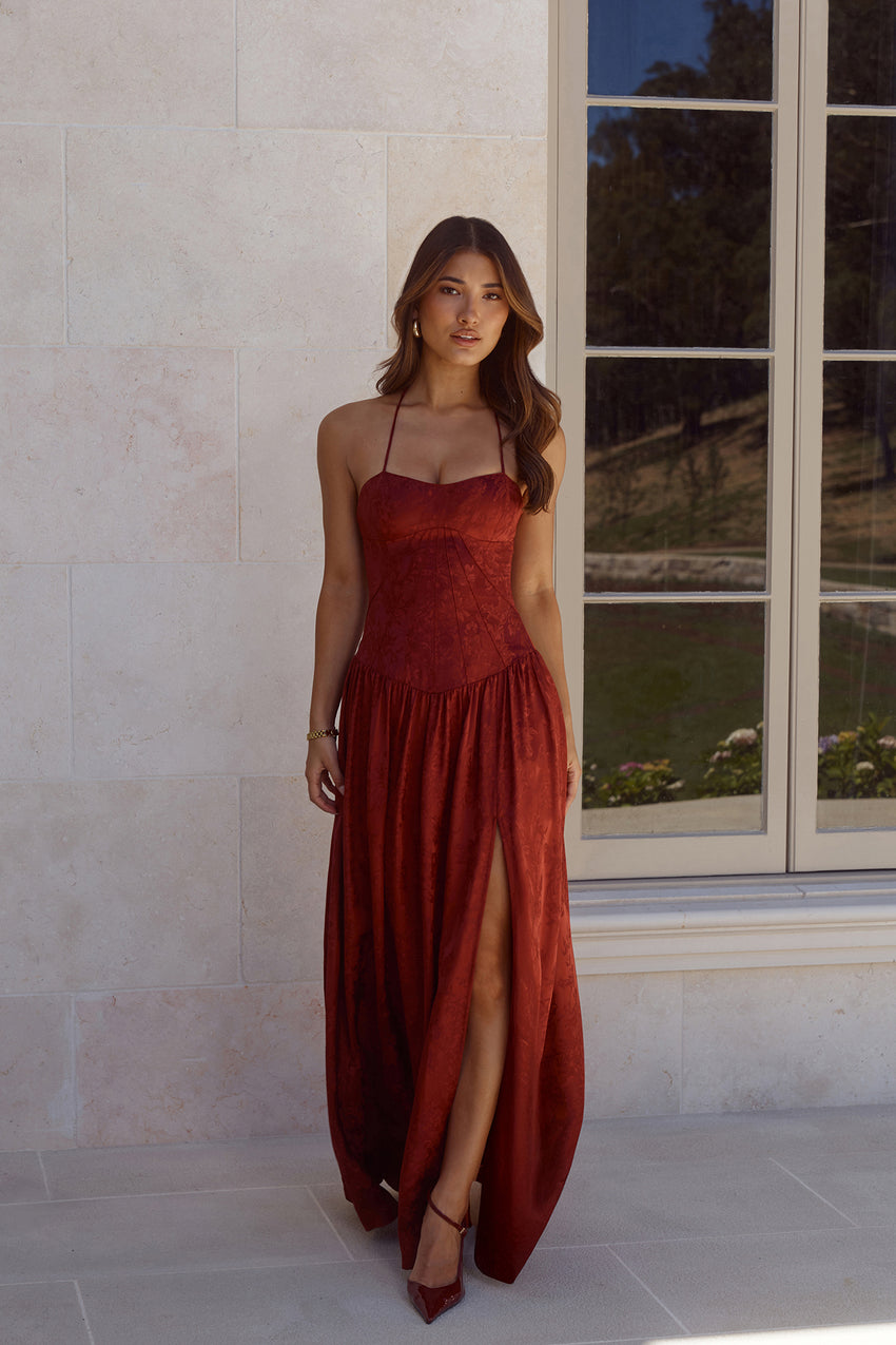 Starlet Status Satin Maxi Dress Wine