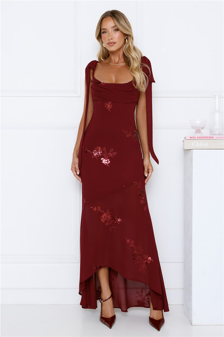 Flirty Sequin Embroidered High-Low Maxi Dress Maroon
