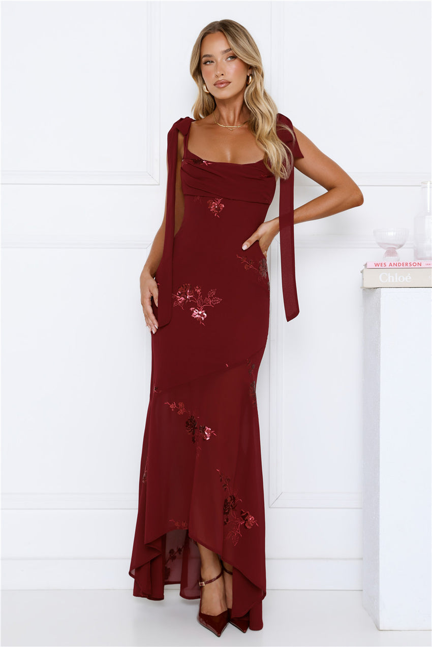 Flirty Sequin Embroidered High-Low Maxi Dress Maroon
