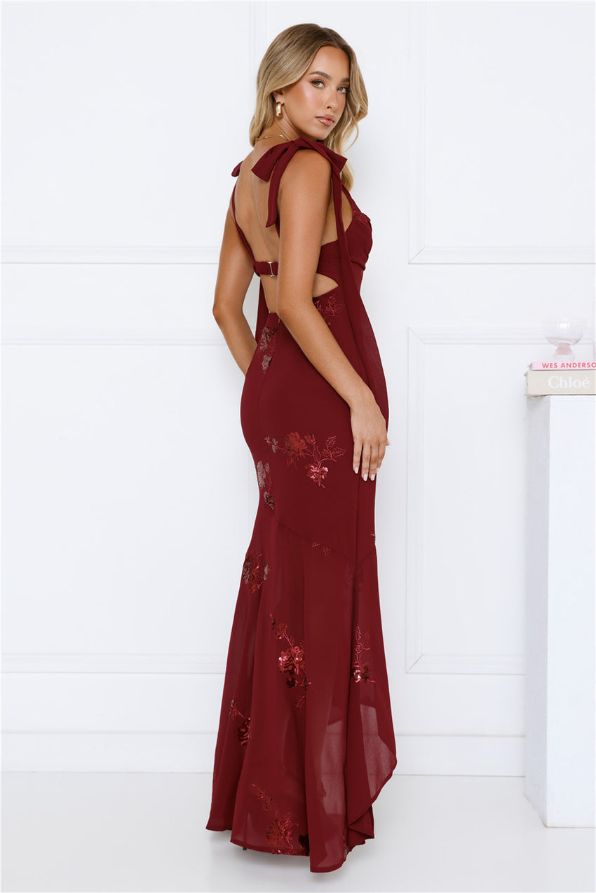 Flirty Sequin Embroidered High-Low Maxi Dress Maroon