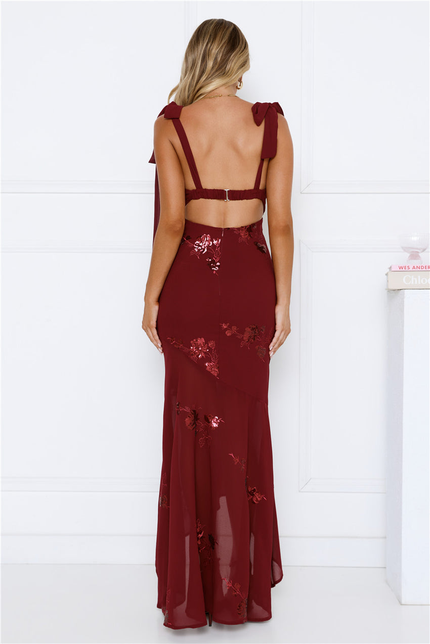 Flirty Sequin Embroidered High-Low Maxi Dress Maroon