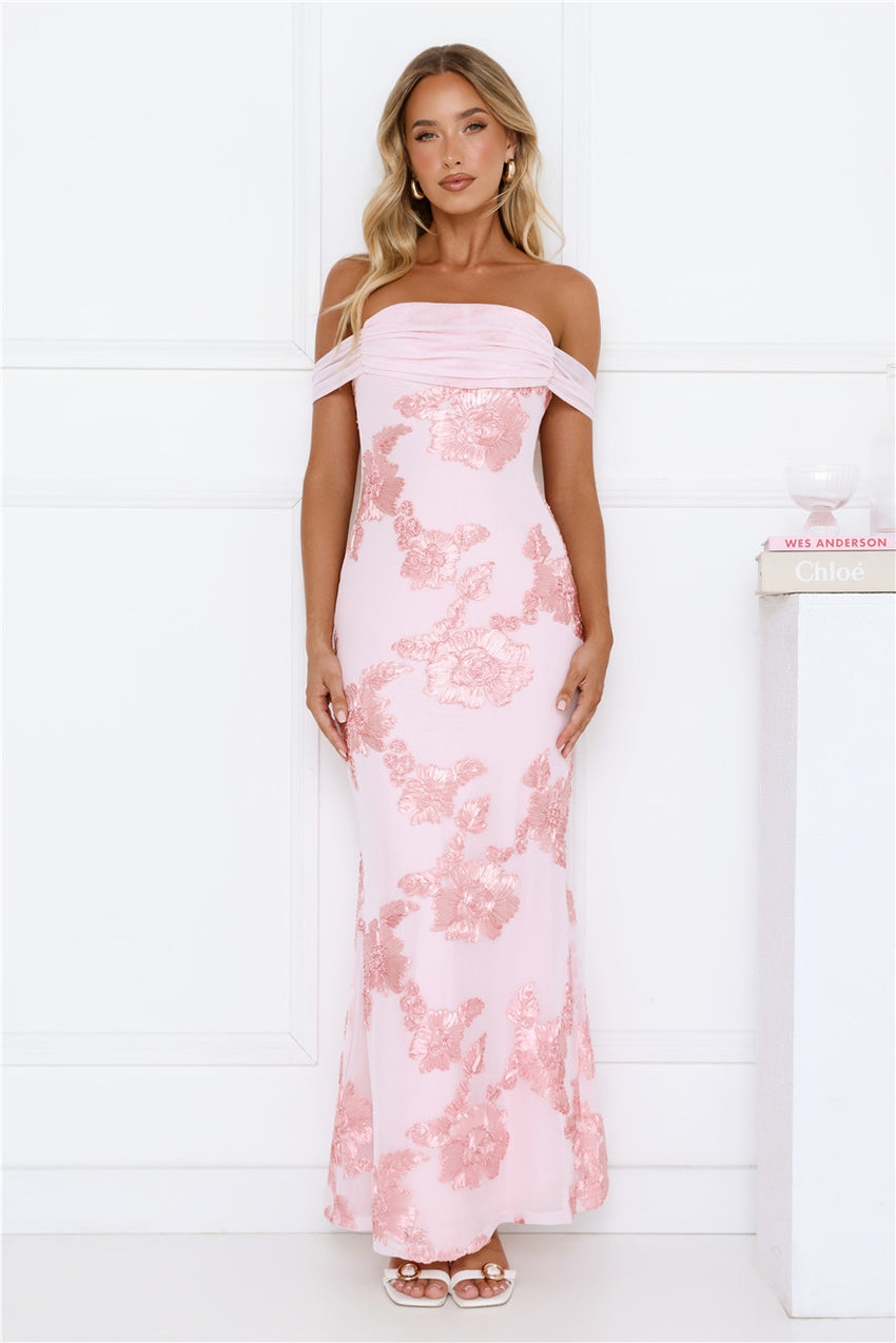 Lush Bloom Embroidered Off Shoulder Maxi Dress Pink