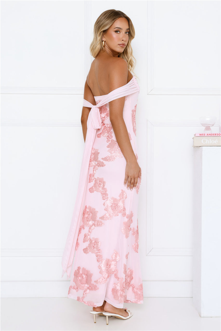 Lush Bloom Embroidered Off Shoulder Maxi Dress Pink