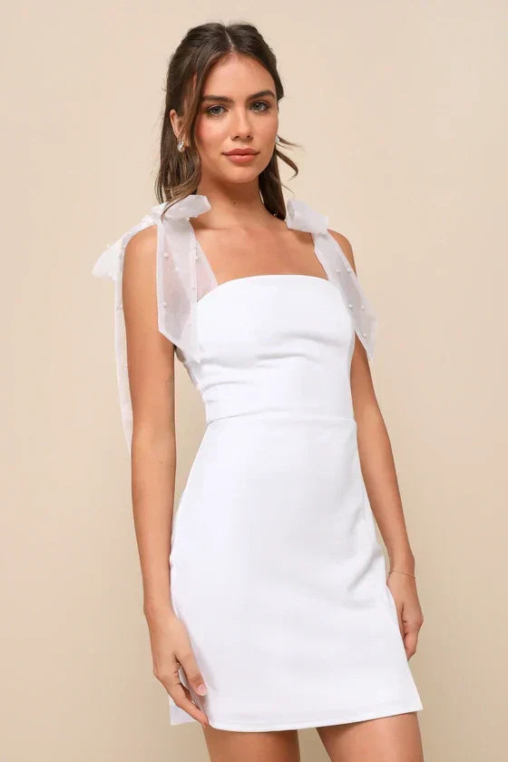 Beaming Perfection Pink Pearl Organza Tie-Strap Mini Dress