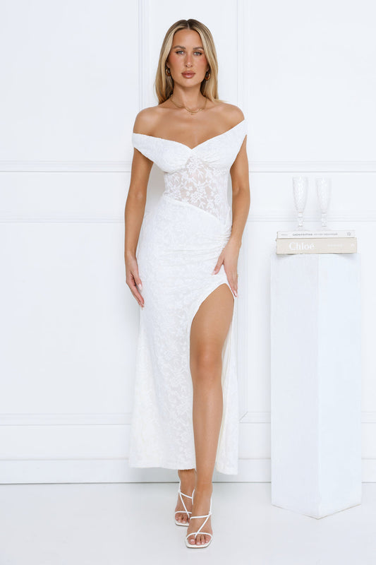 Ivory Veil Off Shoulder Lace Maxi Dress White