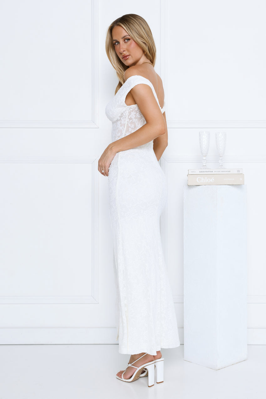 Ivory Veil Off Shoulder Lace Maxi Dress White