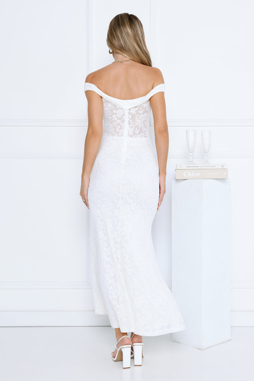 Ivory Veil Off Shoulder Lace Maxi Dress White