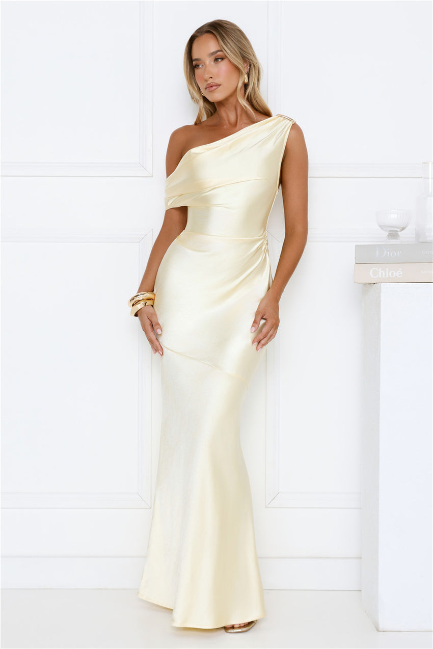 She’s A Dream Satin Off Shoulder Maxi Dress Yellow