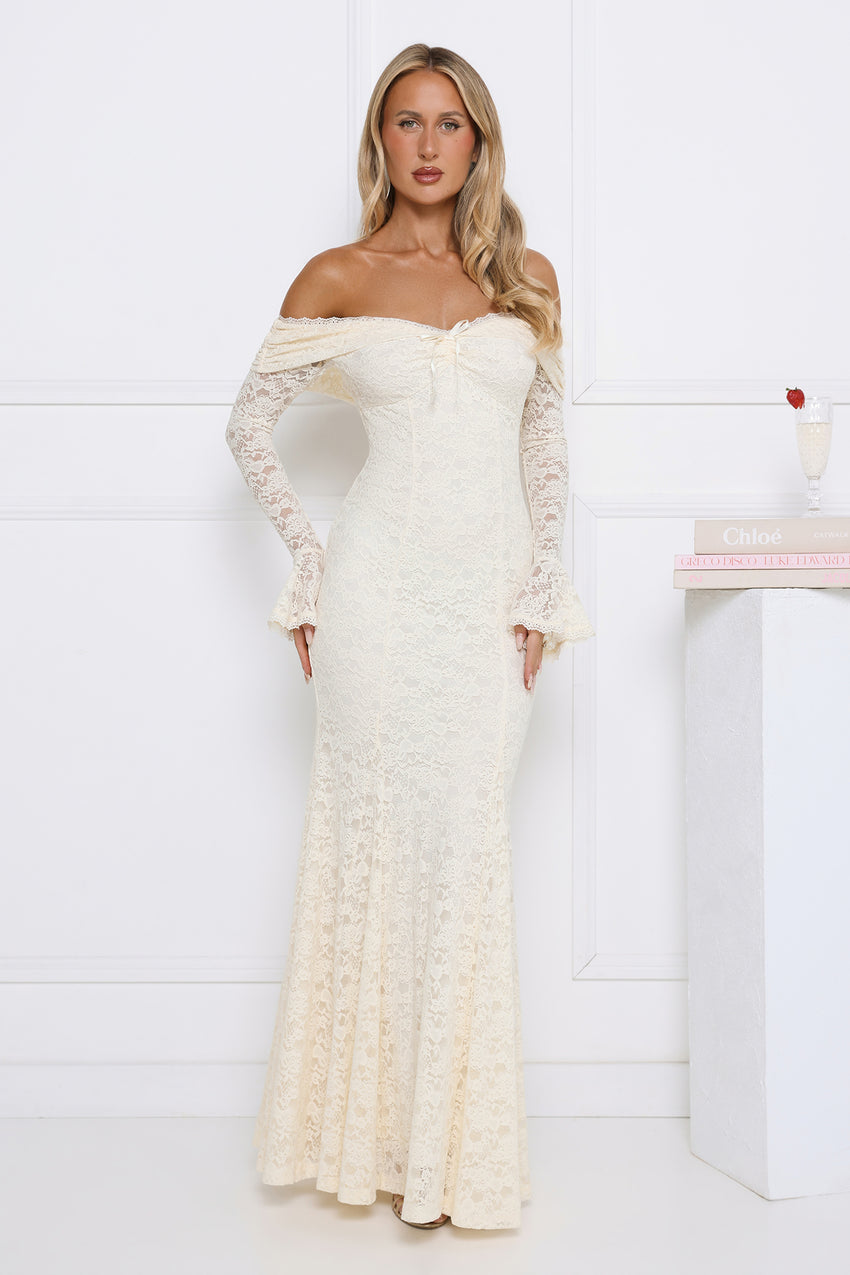 Laced Up Luxe Off Shoulder Maxi Dress Cream