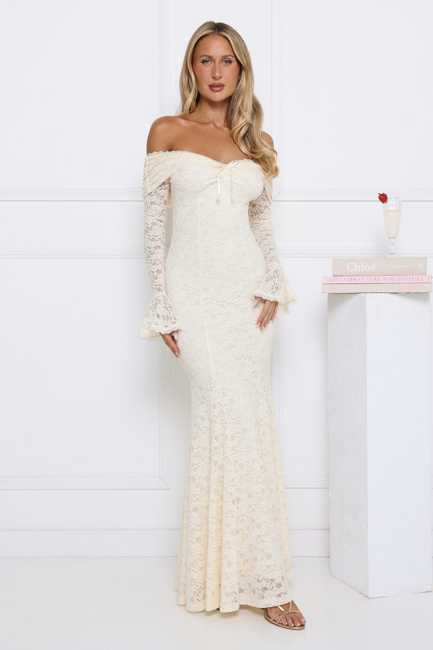 Laced Up Luxe Off Shoulder Maxi Dress Cream