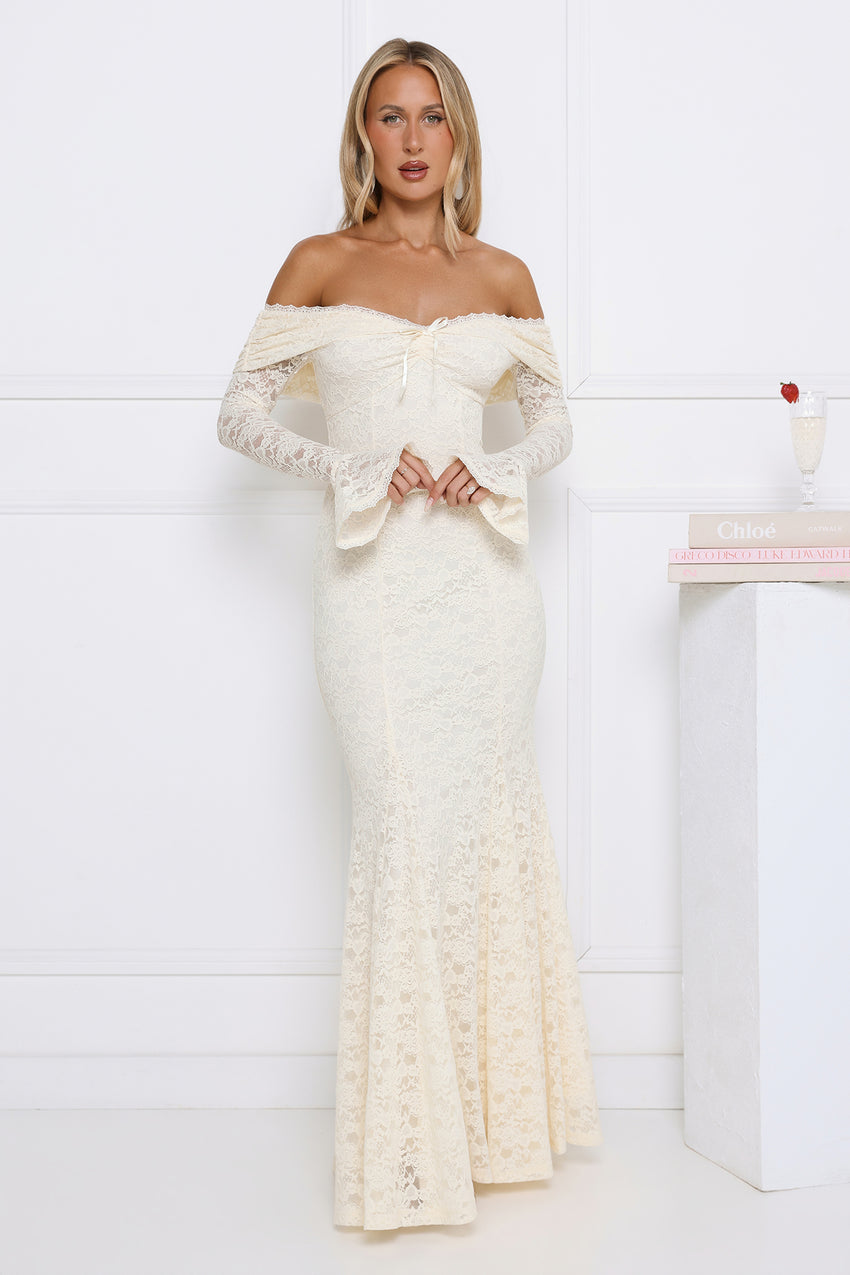 Laced Up Luxe Off Shoulder Maxi Dress Cream