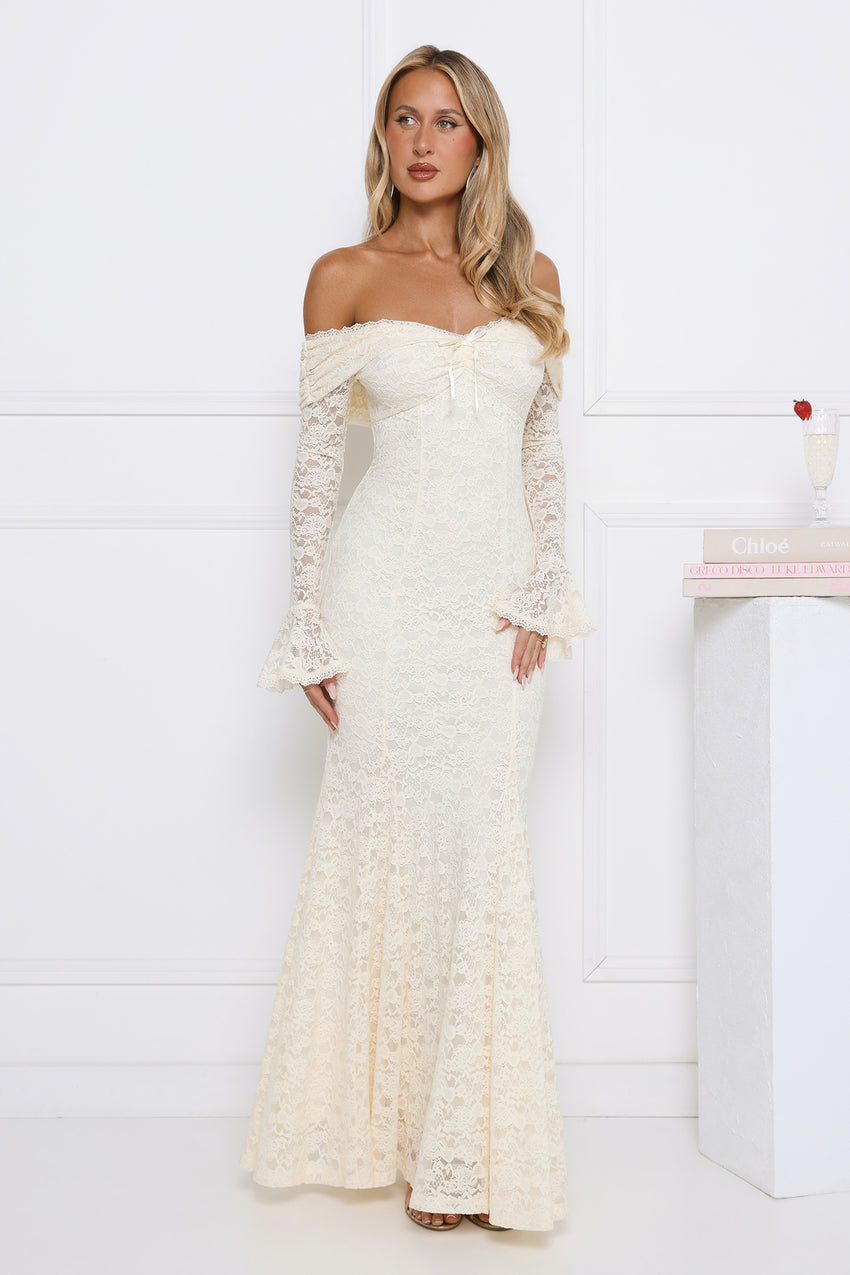 Laced Up Luxe Off Shoulder Maxi Dress Cream