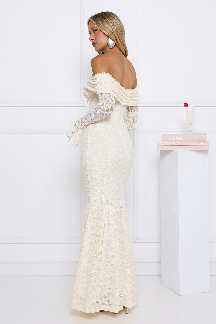 Laced Up Luxe Off Shoulder Maxi Dress Cream