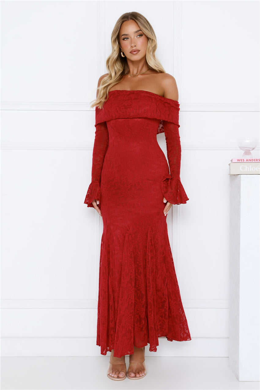 Supreme Off Shoulder Mesh Maxi Dress Red