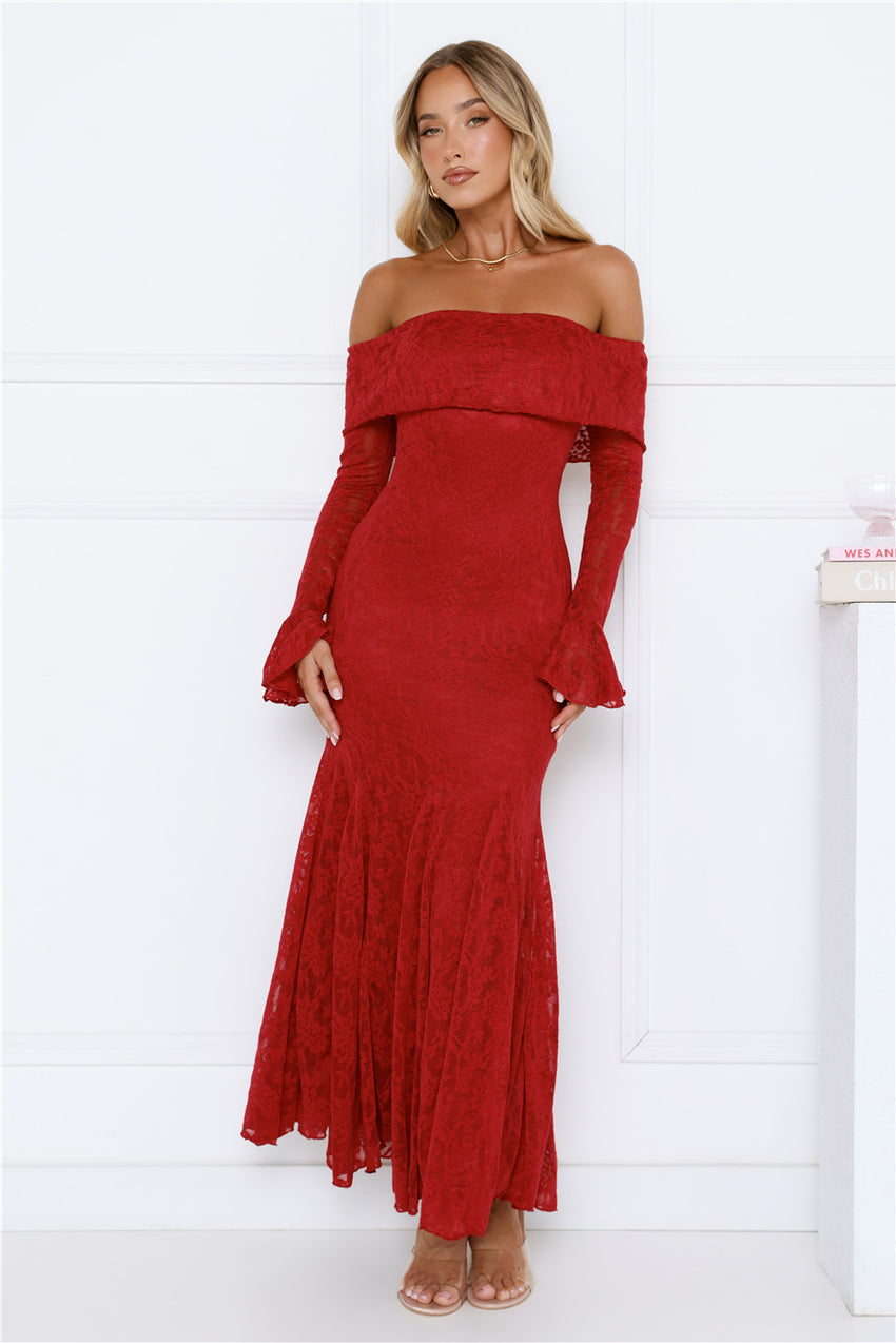 Supreme Off Shoulder Mesh Maxi Dress Red