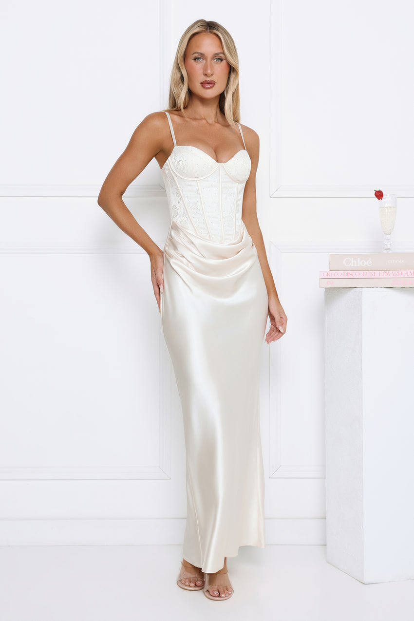 Shimmering Horizon Satin Maxi Dress Cream