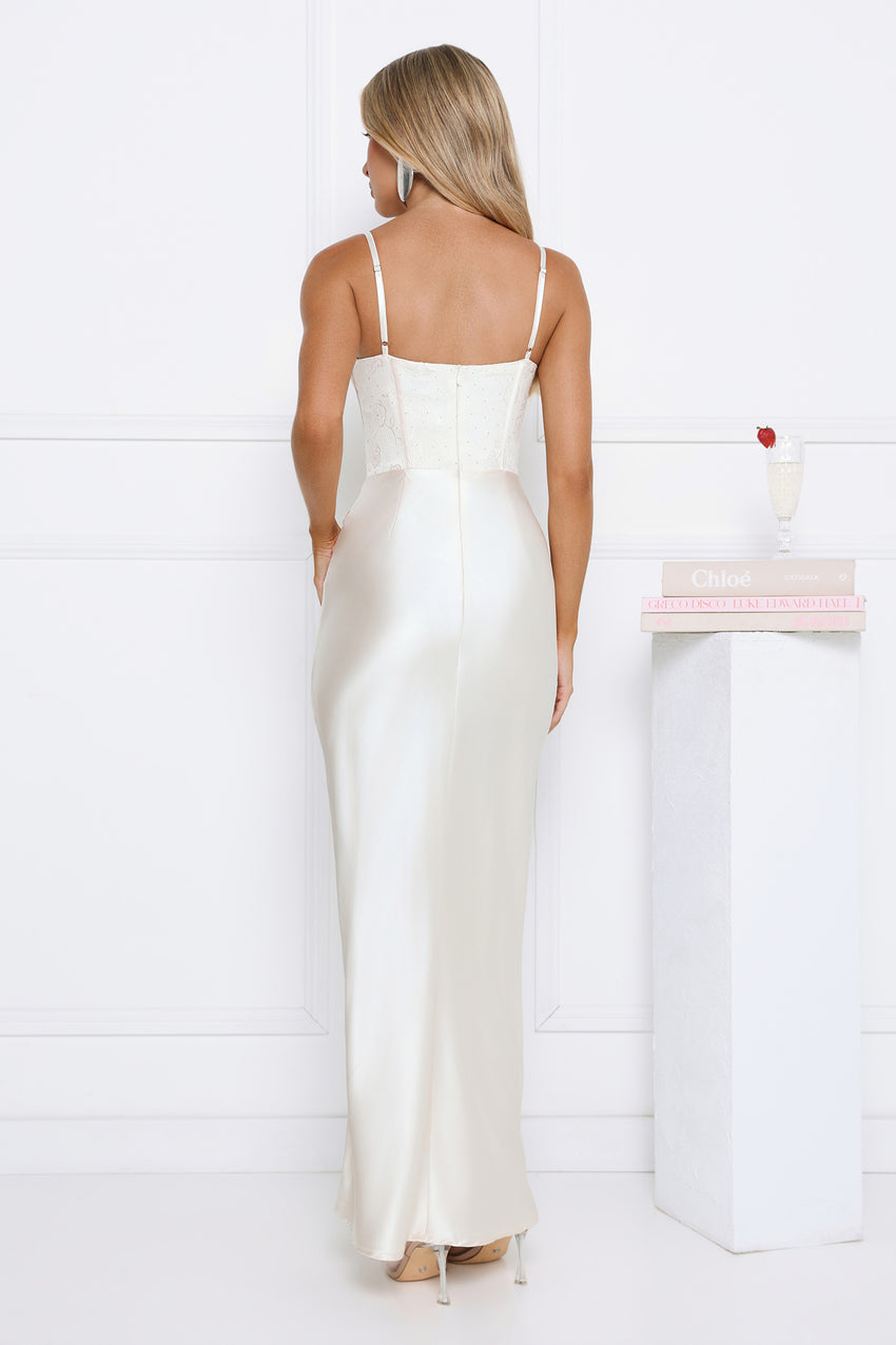 Shimmering Horizon Satin Maxi Dress Cream