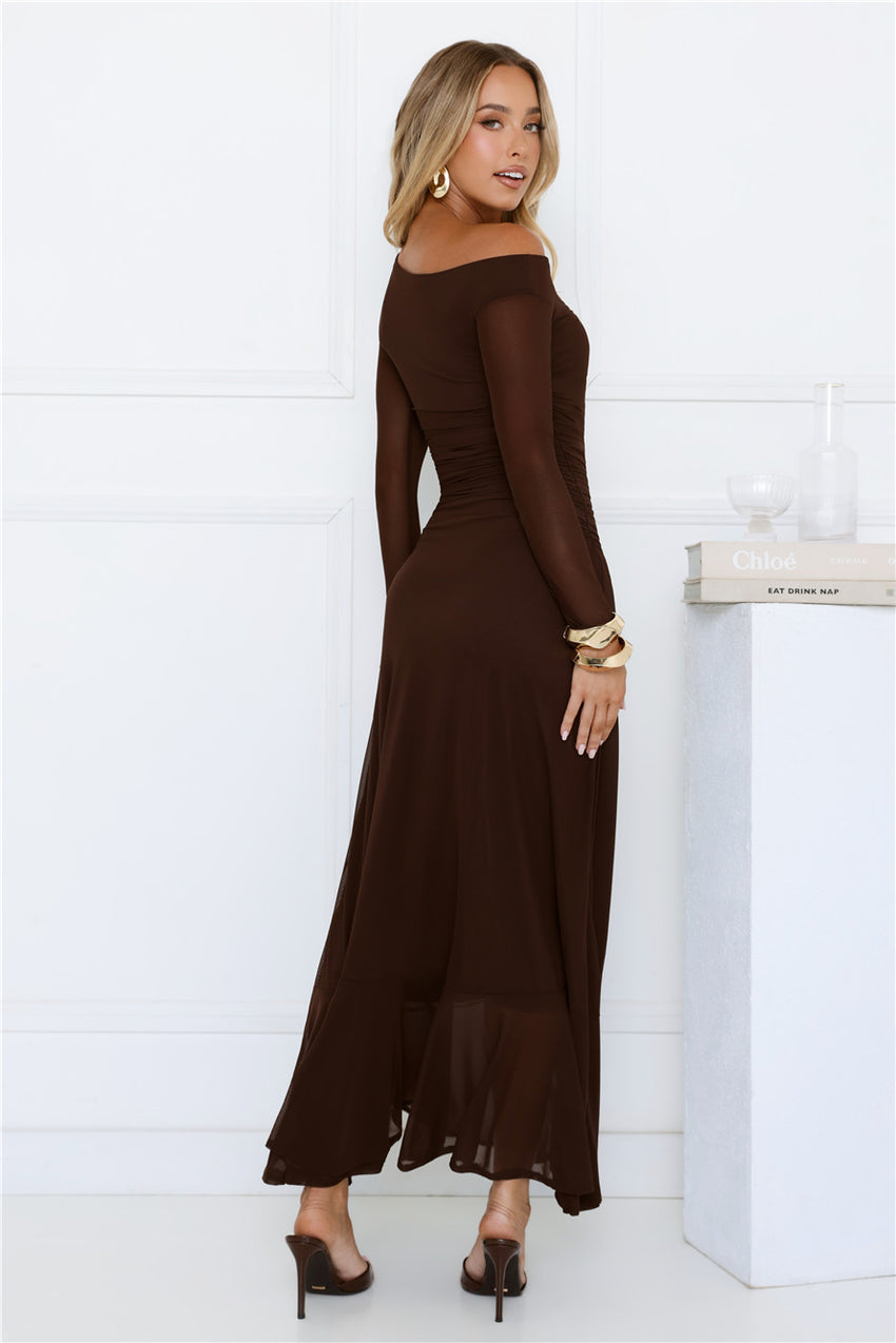 Chic Mesh One Shoulder Maxi Dress Brown