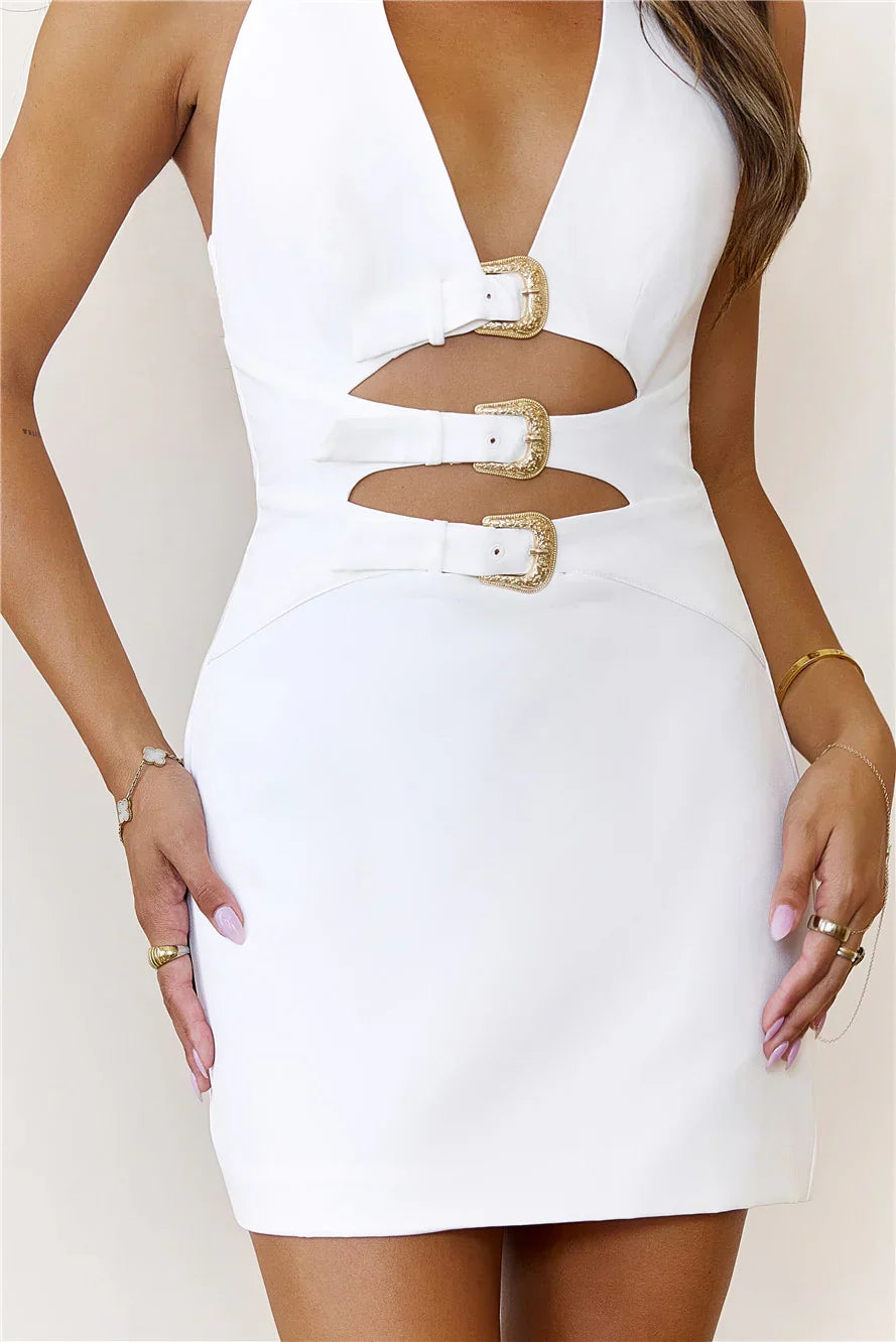 Buckle Detail Halter Mini Dress White