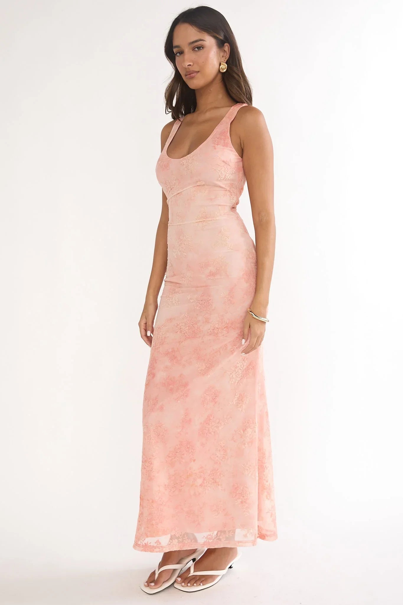 Elowra Mesh Maxi Dress Floral Pink